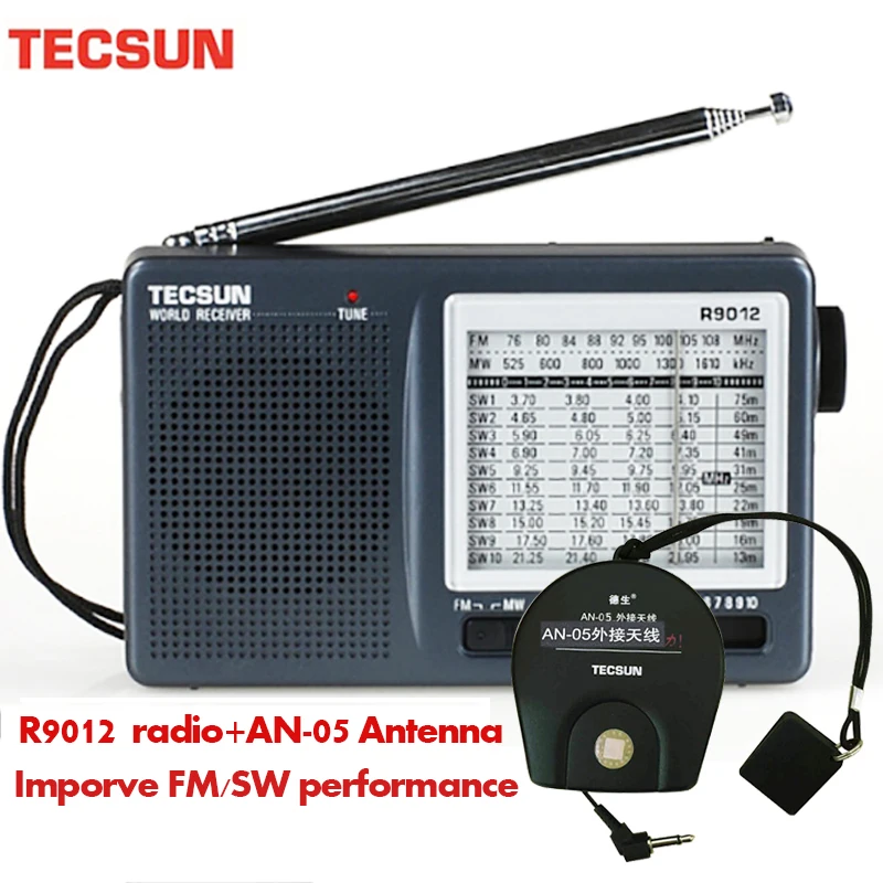 TECSUN R-9012 AM/FM/SW 12 Bands Shortwave Radio Portable Receiver with AN-05 External Antenna Multiband Radio Receiver