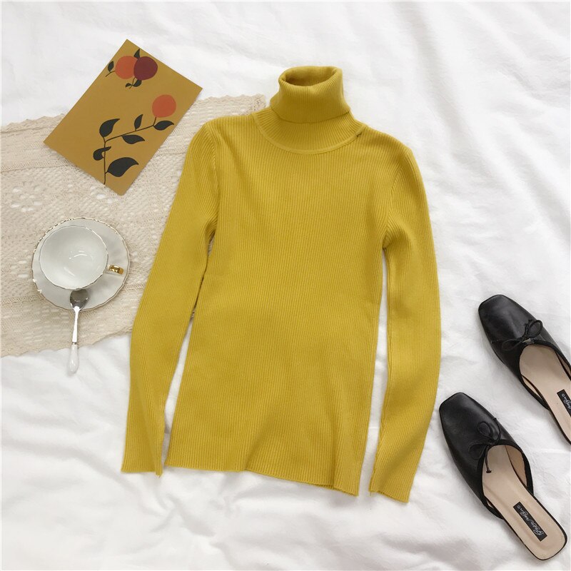Pull épais pour femmes, Pull tricoté côtelé, Pull à manches longues, col roulé, Pull Slim et pour femmes, collection automne et hiver: YELLOW