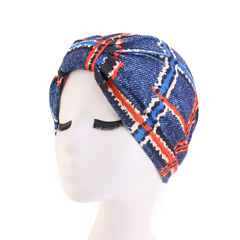 Moslim hoofddeksel tulband bedrukte katoenen hoofdband pet elastische knoop dames chemotherapie hoed afrikaanse kap verlies haarbedekking: Koningsblauw