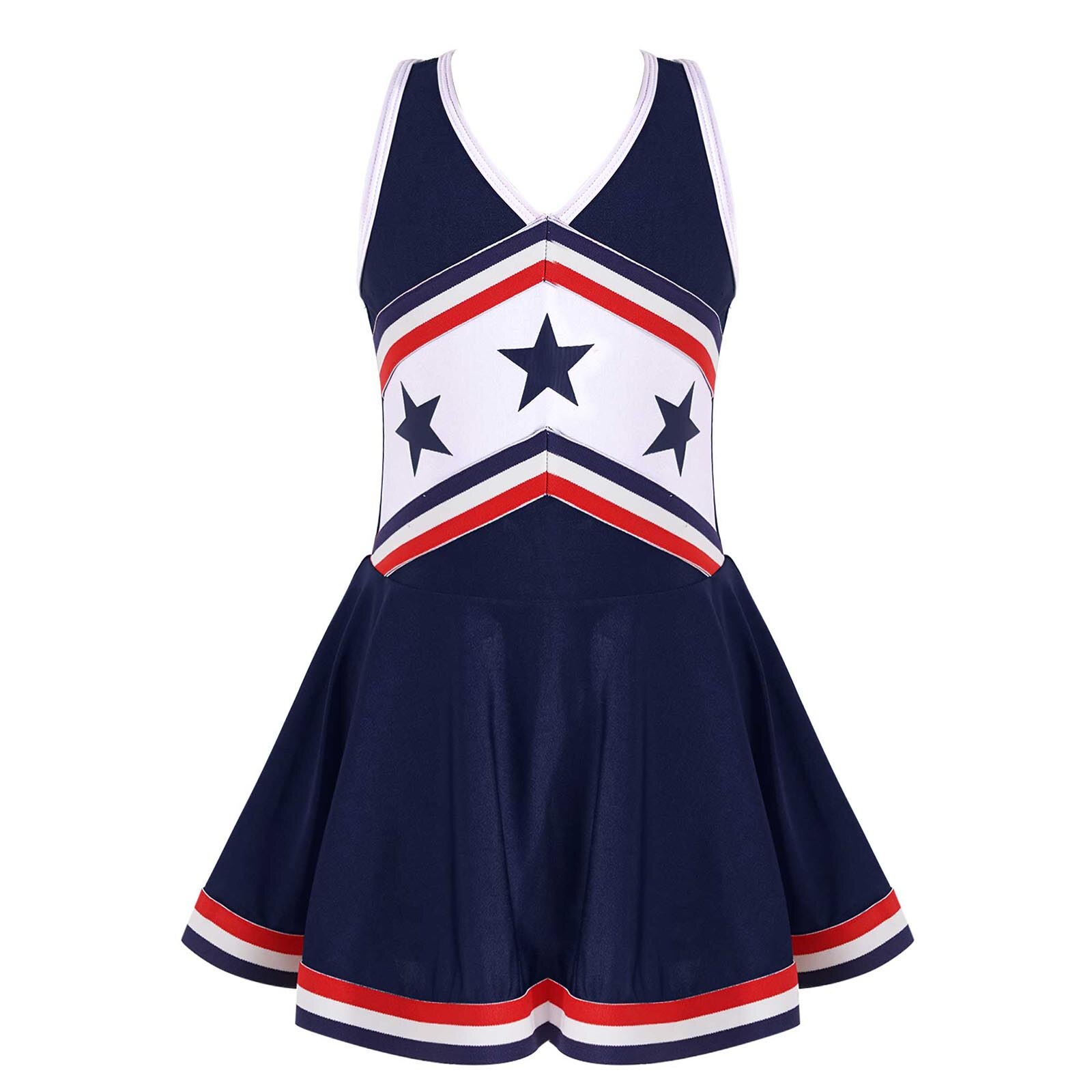 Uniforme de animadora para niños y niñas, traje de baile sin mangas, escote en V, correas dobles, espalda cruzada, estampado de estrellas: Navy Blue / 10