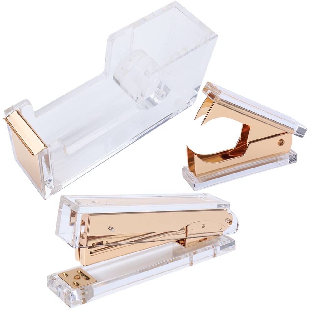 Acrylic Gold Stapler Bundle: 1) Stapler 1) Staple Remover 1)Tape Dispenser - Desktop Stationery Series