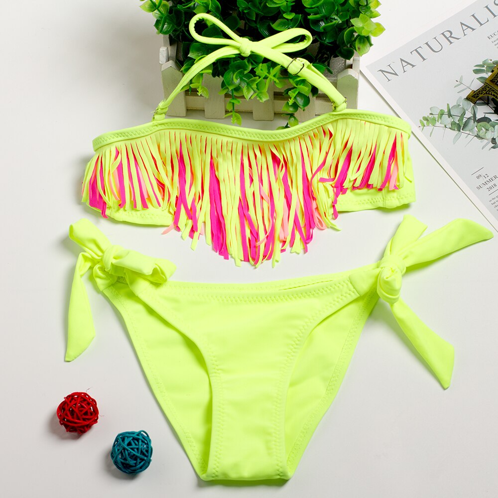 Biquíni borla design 2020 maiô para meninas de duas peças crianças menina moda biquíni ternos rosa preto amarelo: 9016-Yellow / 8 T