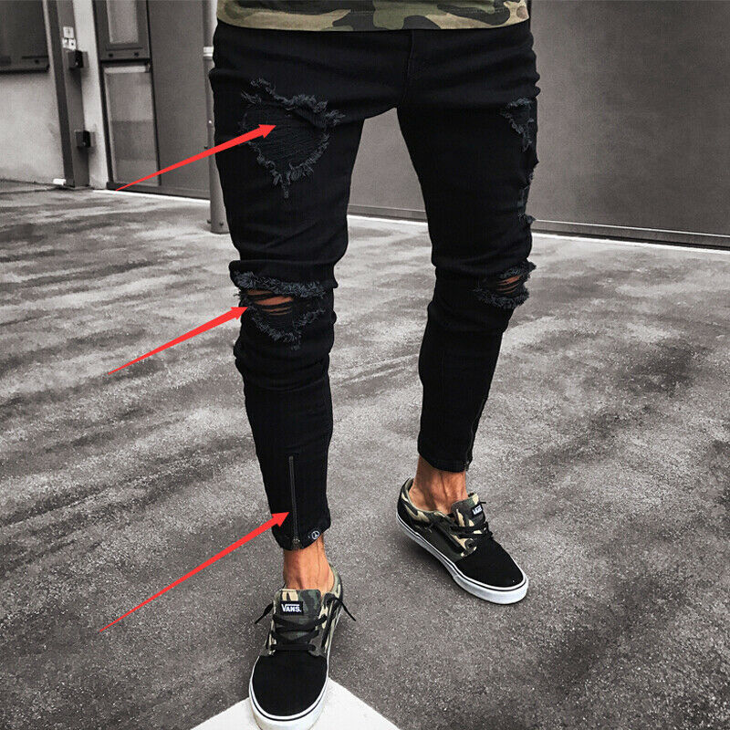 Men Black Jeans Skinny Ripped Destroyed Stretch Slim Fit Hop Hop Pants With Holes For Men Long Denim Trouser