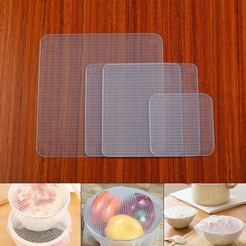 4pcs Multifunction Food Fresh Keeping Saran Wrap Bags Reusable Silicone Food Wraps Seal Cover Stretch Vacuum Cover