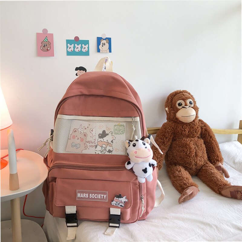 DIEHE Multifunction Nylon Women Backpack Female Transparent Pocket Small Travel Bag Girl Schoolbag Book Bag Kawaii Backpack: Red / NO Pendant