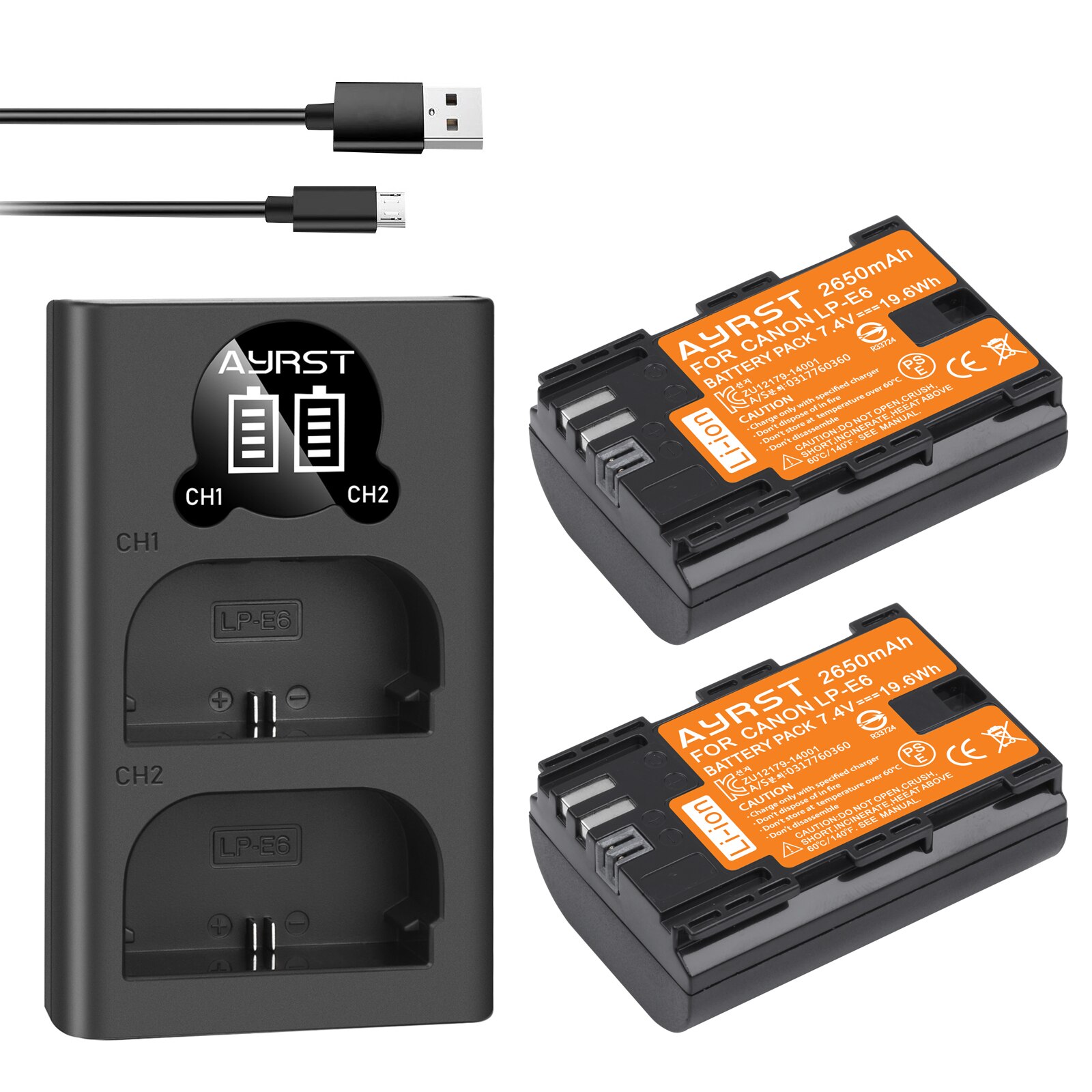 Batterie 2650mAh LP E6 LPE6 LP-E6 E6N + double chargeur LED pour appareil photo Canon EOS 5DS R 5D Mark II 5D Mark III 6D 7D 70D 80D: 2 Battery 1 Charger