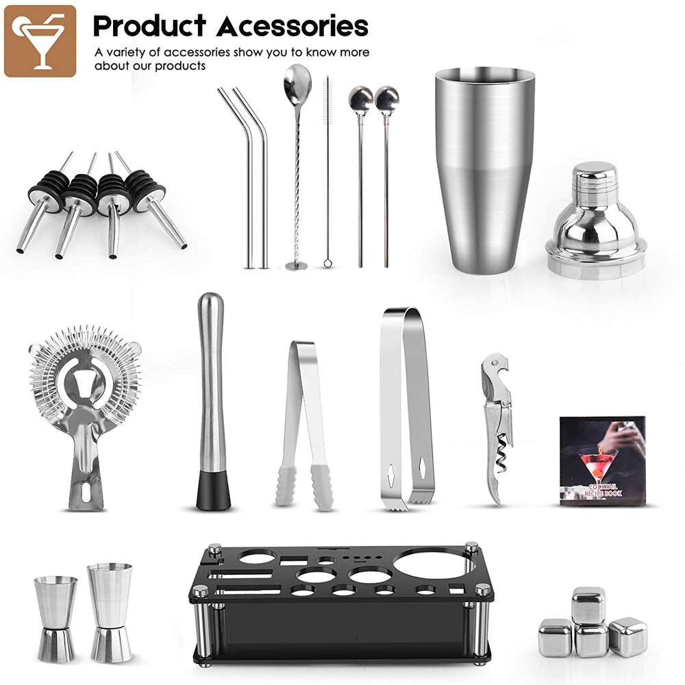 Barman Kit 23 Stuk Cocktail Shaker Set Van Roestvrij Staal Ijs Graan Acryl Stand Voor Gemengde Drankjes Martini Bar gereedschap