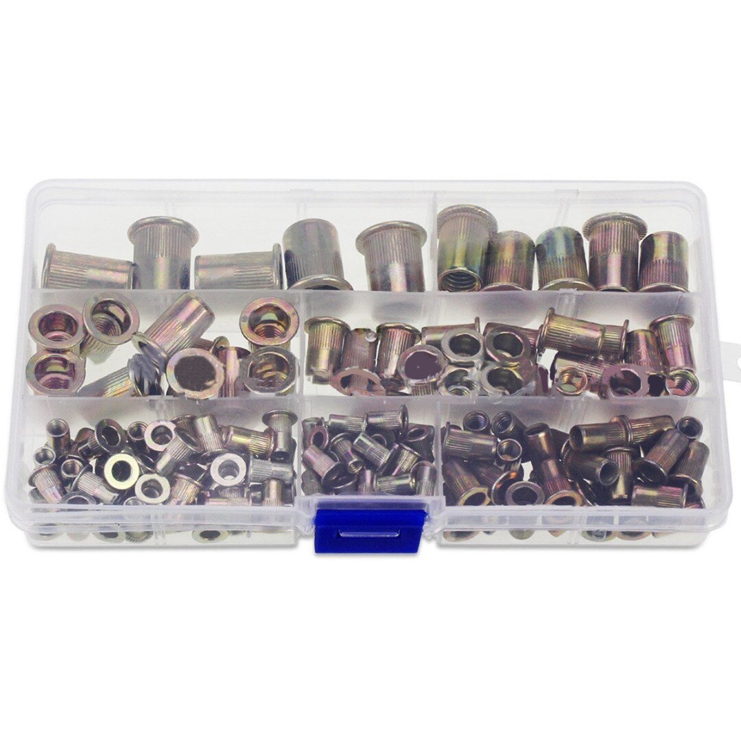 150pcs/box M3 M4 M5 M6 M8 M10 Multi Size Zinc Plated Steel Rivet Nuts Flat Head Fastener Set Nutsert Insert Riveting DIY