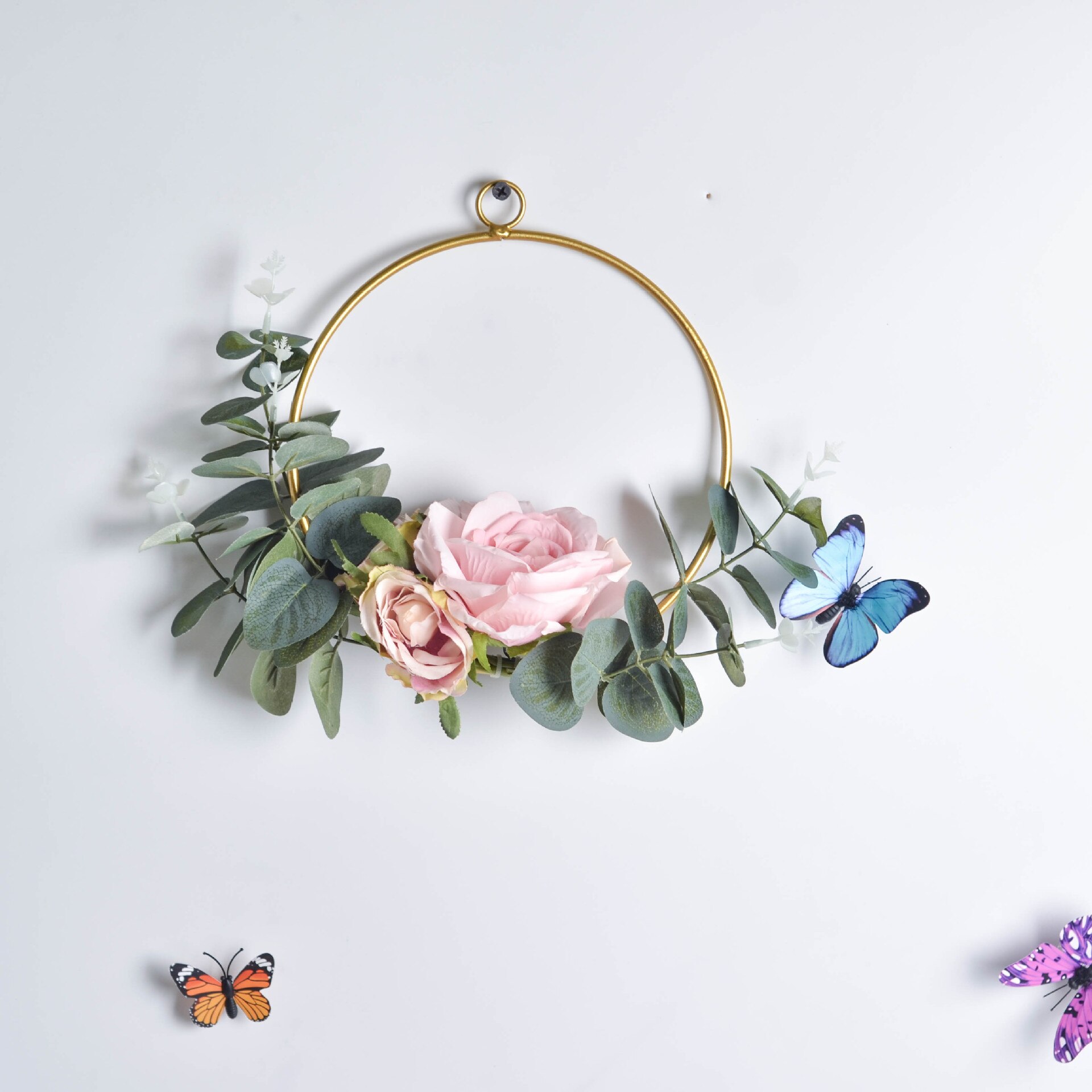 Cilected Geometric Metal Garland Home Hanging Artificial Rose Flower Ring Holder Wall Hoop Wreath Wall Hanging Decoration: A067R15