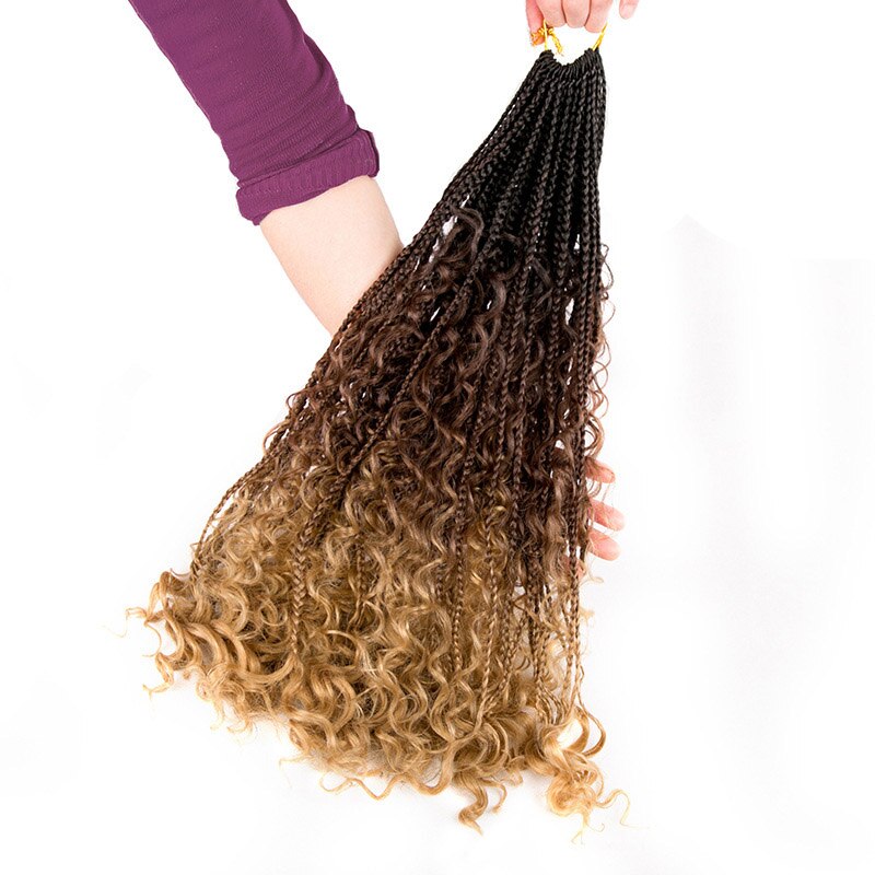 24Inch Box Braids Hair Boho Braids Ombre Synthetic Curly Crochet Braiding Hair Extension Messy Goddess Black Brown: T30 27