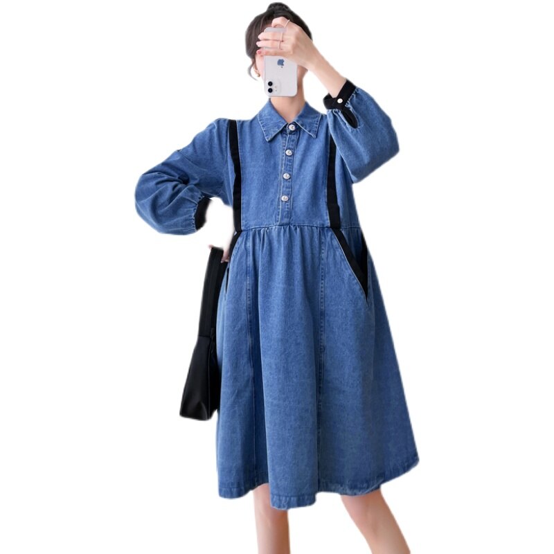 Vestido vaquero premamá de manga larga para mujeres embarazadas, ropa de embarazo de estilo coreano, con cuello vuelto, botón, a la