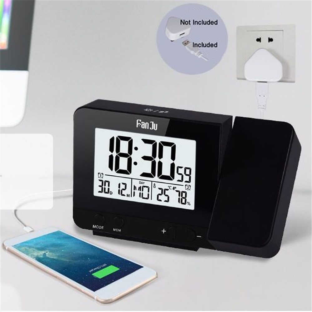 LED Projection Digital Clock USB Charging Dual Alarm Clock with Temperature Humidity Bedroom Tabletop Decoration Sleep Timer