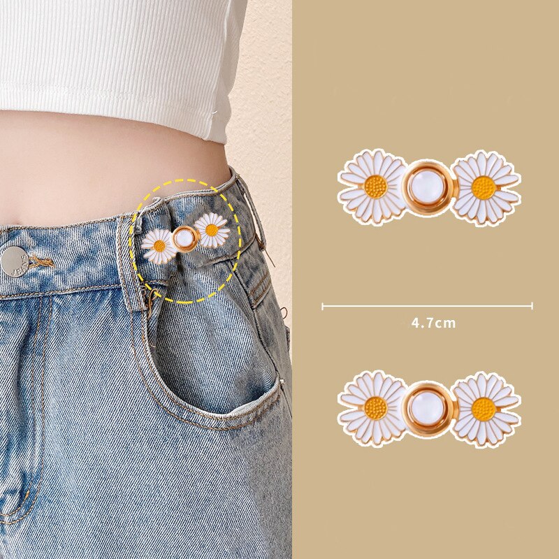 Broches para pantalones con flores de Margarita, alfileres con hebilla, Clip para apretar la cintura, botón desmontable ajustable para pantalones vaqueros, 2 uds.: Color dorado