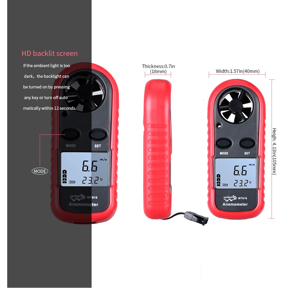 Anemometers Handheld Wind Speed Meter Portable Wind Gauges Air Flow Thermometer with LCD Backlight for Windsurfing Kiteflying