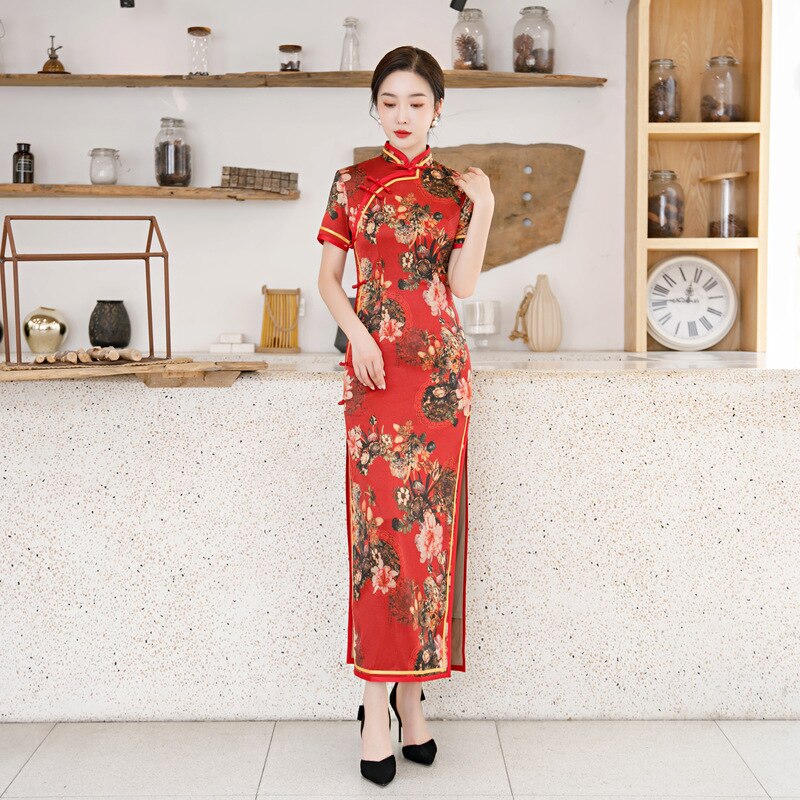 Chinese Qipao Mandarin Collar High-Split Red Cheongsam Short-Sleeve Vintage Stage Show Dress For Women Plus Size 3XL 4XL: XXL