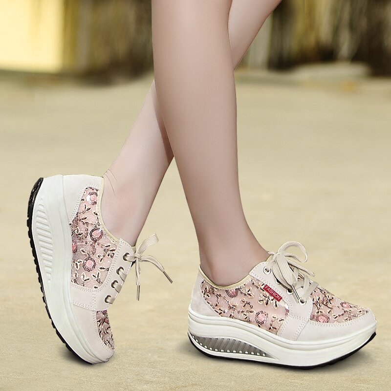 Height Increasing Sneakers Women - Lace Up Wedge Toning Shoes - Breathable Anti-Slip Fitness Workout