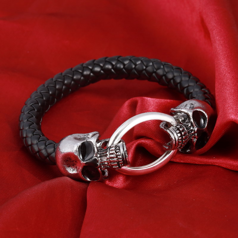 Klassieke Zwarte Handgemaakte Lederen Ketting Geweven Man Schedel Armbanden Mode Magneet Sluiting 316L Rvs Polsband
