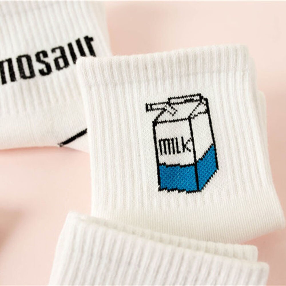 Women Socks Cartoon White Cute Banana Milk Dinosaur Cotton Warmth Long Socks Cute Funny Illustration Letter Socks