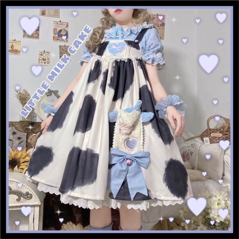 Hstar Pink Lolita Kawaii Milk Cake Cow Print Lolita Dress Jsk Japanese Tea Party Lolita Daily Princess Dress Multiple Colors