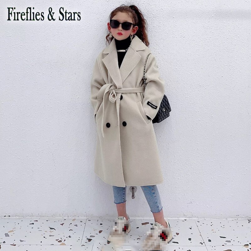 Herfst Winter Meisjes Blends Baby X Lange Jas Kinderen Uitloper Kinderen Kleding Sleeveband Dubbele Geconfronteerd Fleece Beige 3 Om 14 jr