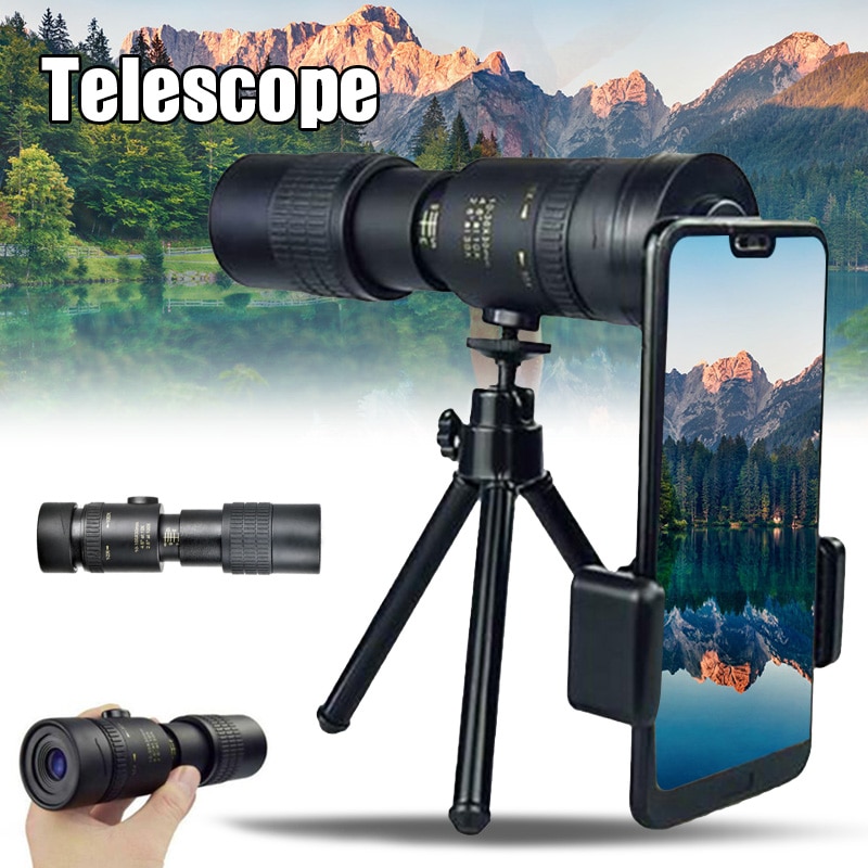 Etmakit 4k 10-300x40mm super telefoto zoom monocular telescópio para viagem de praia + tripé extensível para todos os smartphones