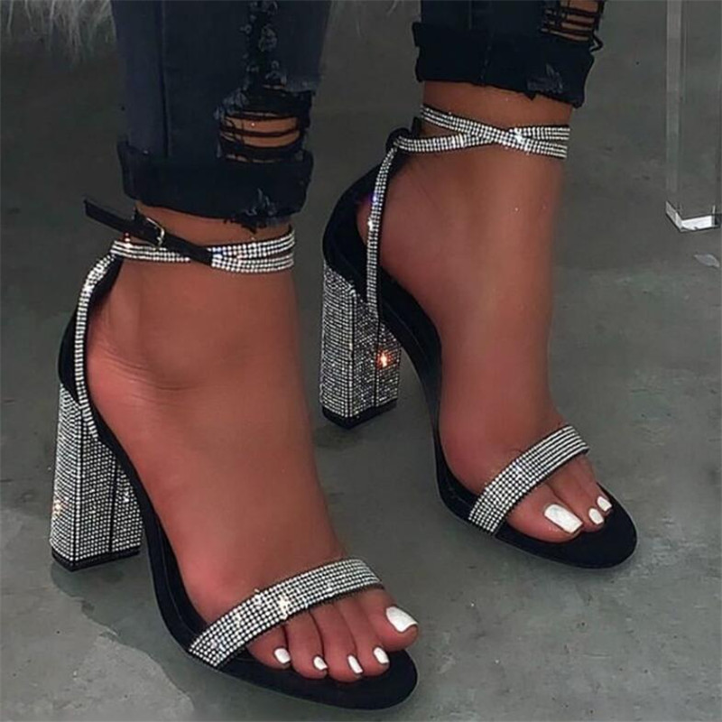 Strass dam sandaler fyrkantigt högt ankelskydd häl rund tå kontor dansspänne rem festklackar silver sandaler
