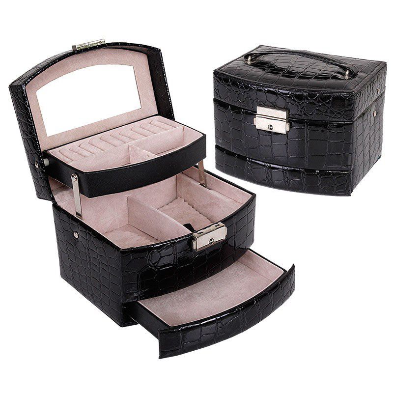 Caja de almacenamiento automática de cuero para joyas, caja de almacenamiento de tres capas para mujeres, anillo para pendientes, organizador cosmético, ataúd para decoraciones