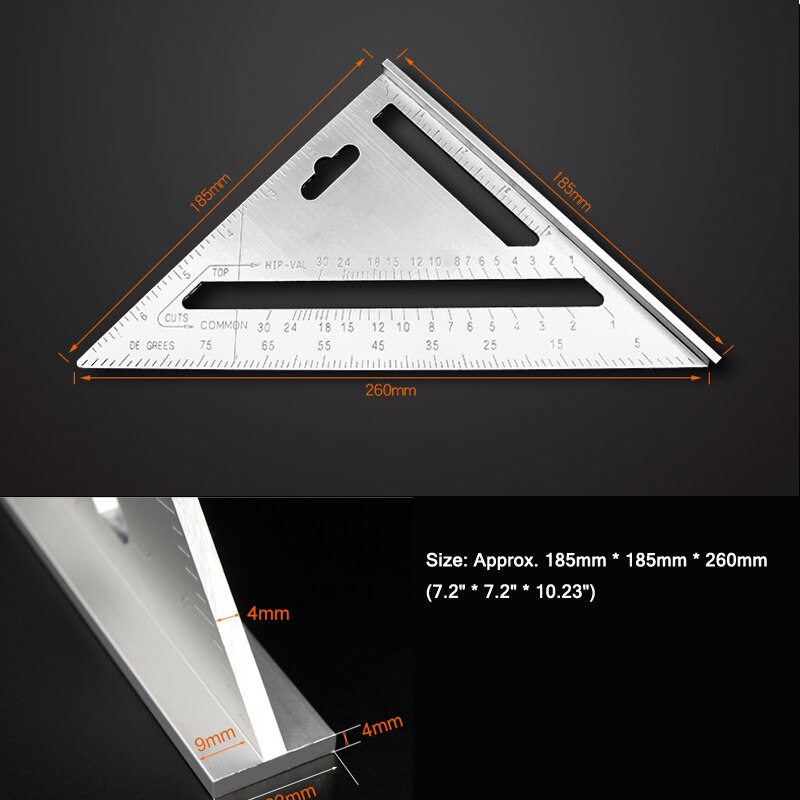 7 Inches Aluminum Alloy Triangle Angle Ruler Protractor Inch/Metric Speed Square Measuring Ruler Miter Framing Building Teaching