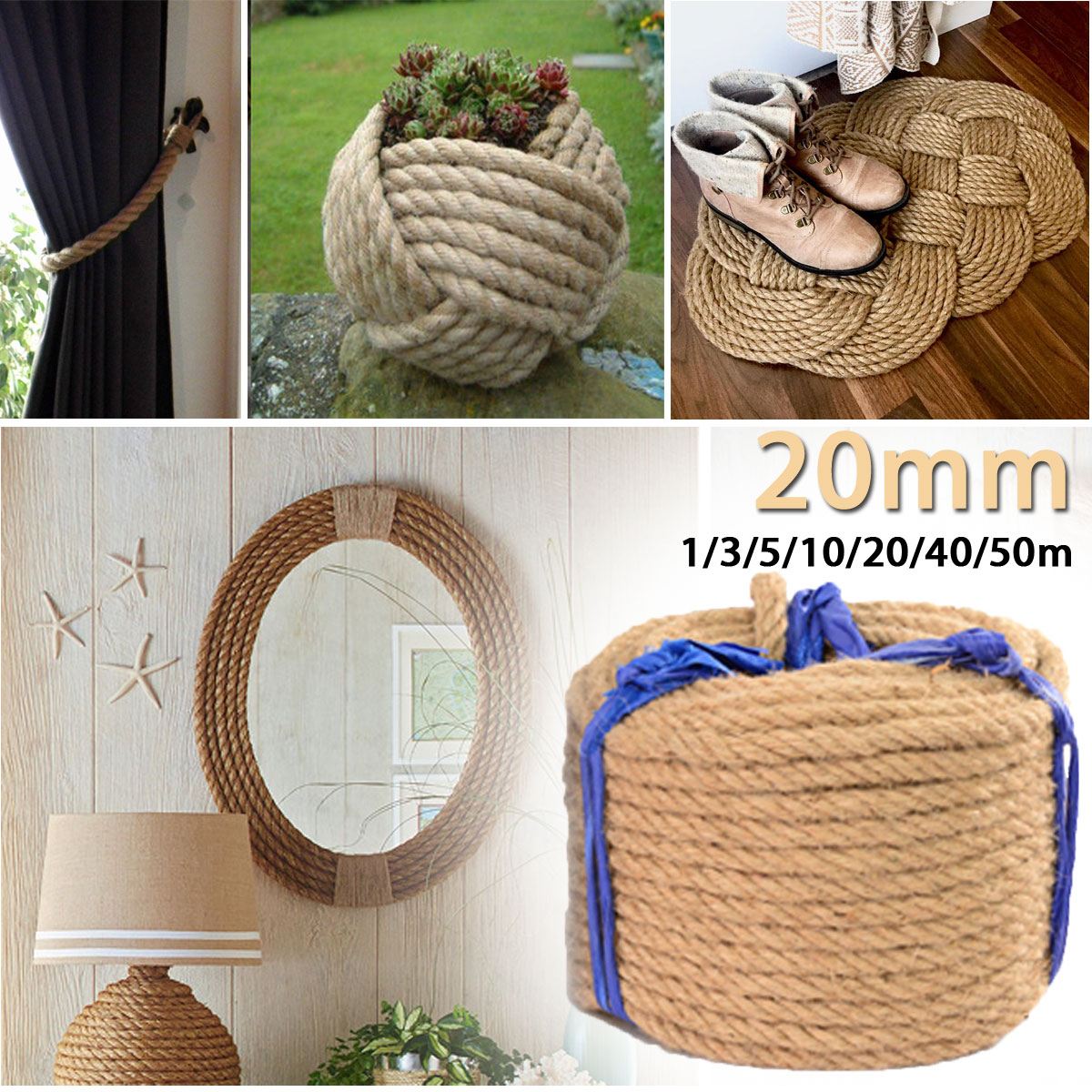 Kiwarm 20mm 3-10m juuttiköysi naru köysi luonnollinen hamppunaru koti tee itse koristelu kissa lemmikki raapiminen terassi taidekäsityö