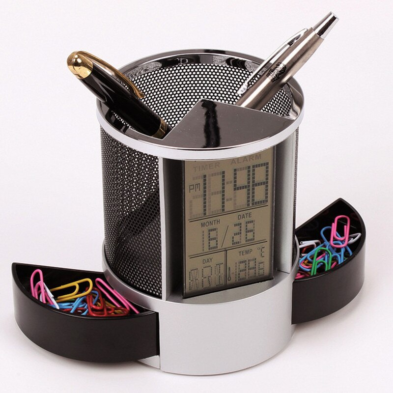 Black Digital LED Desk Alarm Clock Mesh Pen Pencil Holder Calendar Timer Temperature Calendar Table Desktop Clocks