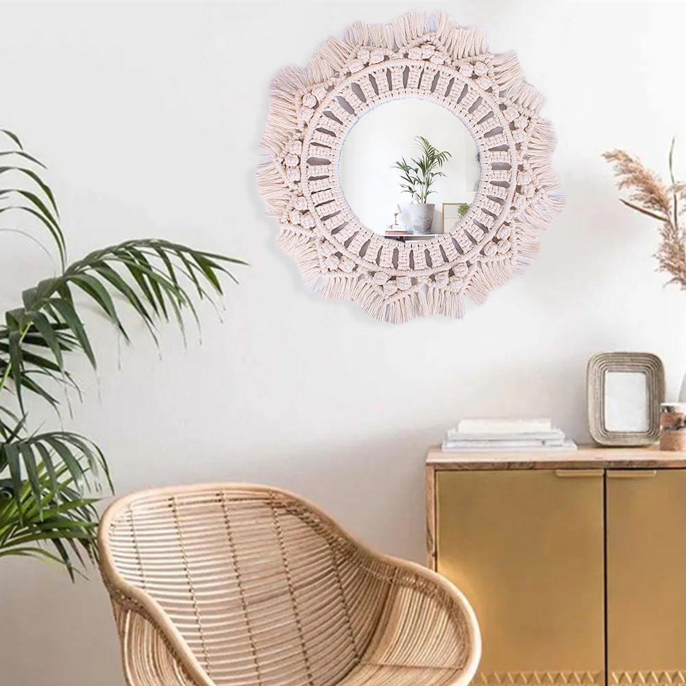Seinälle ripustettava peili boho-tyylinen puuvillaköysi makrame pyöreä peili makuuhuone olohuone kylpyhuone seinäkoristepeili