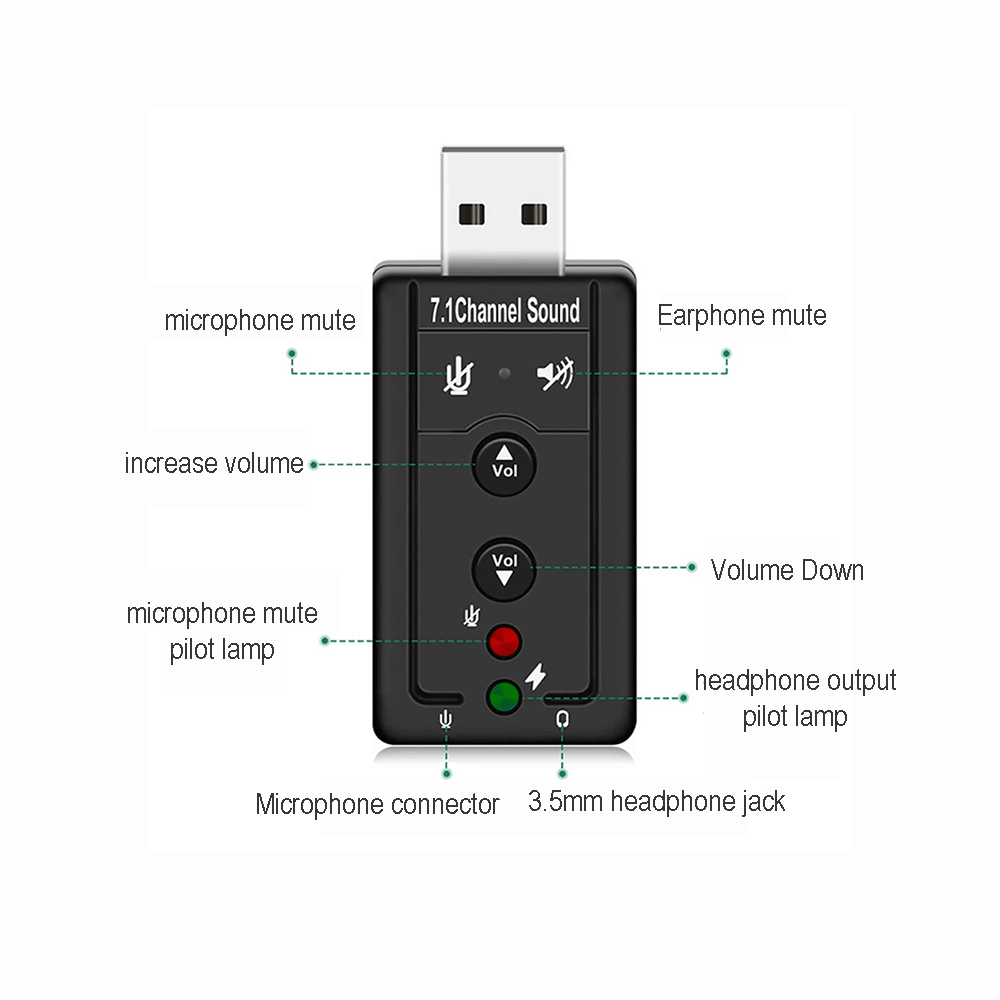 7.1 Sound Card 3D Stereo USB Audio Adapter to jack 3.5mm External Sound Card for Windows XP/2000/Vista/7 Laptop PC