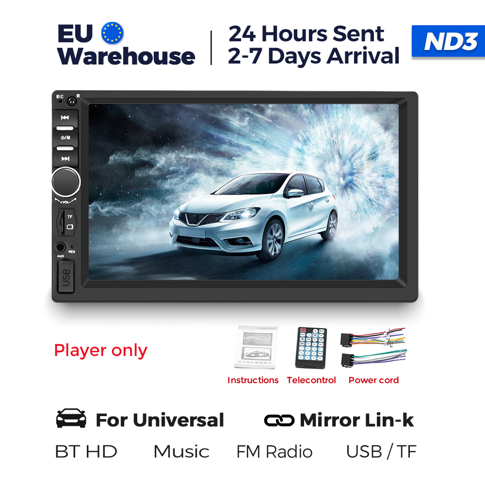 Lecteur de limitation de voiture double DIN universel, radio stéréo à écran tactile, lien miroir, entrée AUX, BT, SWC, FM, USB, carte TF, RCA, 1080P, 7 pouces: Black