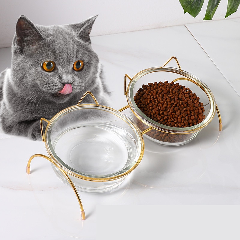 Glazen voerbak voor hond en kat, voerbak voor puppy's met ijzeren frame, waterbak, voerbak voor huisdieren