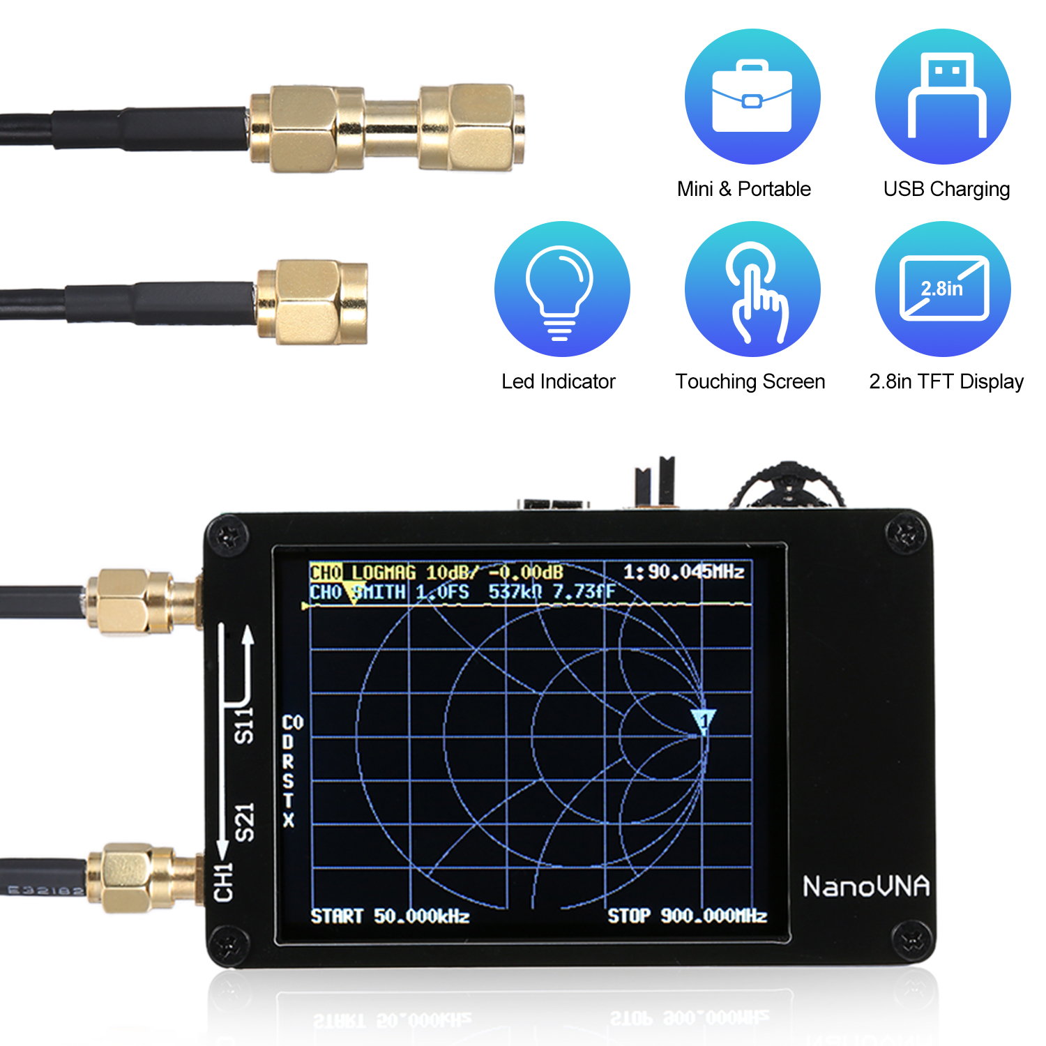 Vector Network Analyzer 50KHz-900MHz 2.8in TFT Digital Display Touching Screen UHF HF VHF MF Tiny Antenna Analyzer Tool