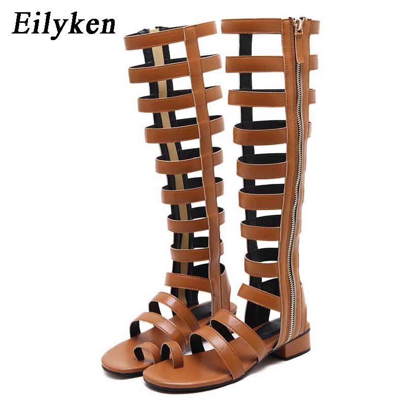 Eilyken Donne di Estate Sandali Open Toe Ginocchio Alti Sandali Stivali Con Cerniera Gladiatore Copertura Tacco Piatto Casual Sandali formato 35-40