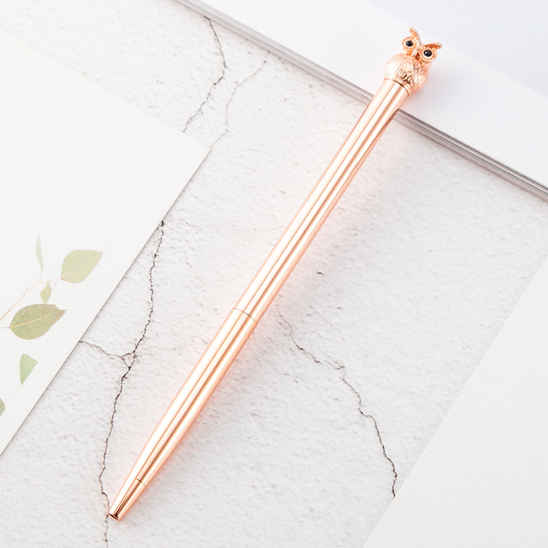 Kawaii Rose Gold Metal Owl Ballpoint Pen Luxury Brand Writing Handle Pens for Girl Nice Office Stationery Supplies: rose gold