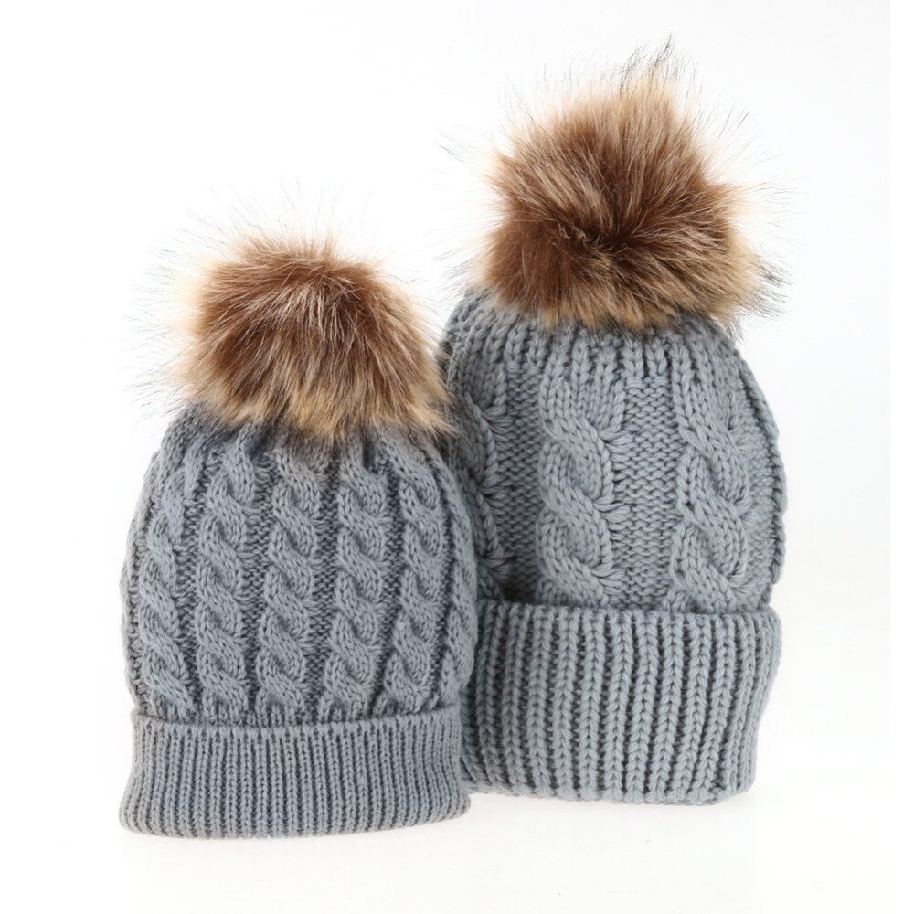 Mom Baby Pompon Hat Winter Beanie Cap Baby Bonnet Mom Kids Hats Knitted Pompon Ball Headwear BP07