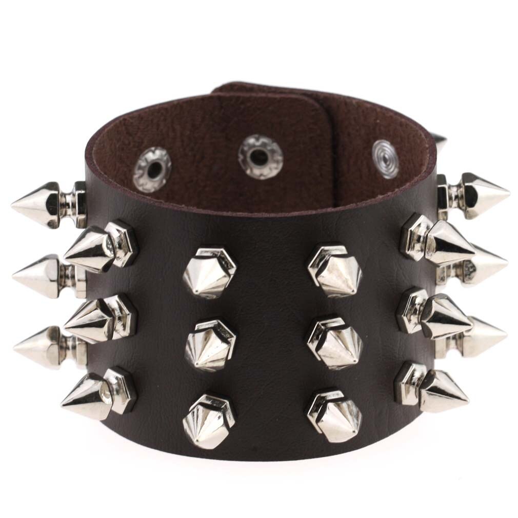 Boho Emo Spike bransoletka sztuczna skóra Punk bransoletki dla kobiet mężczyzn biżuteria Goth dziewczyna chłopiec mankiet Bangle Studded Halloween nadgarstek: P136 Coffee