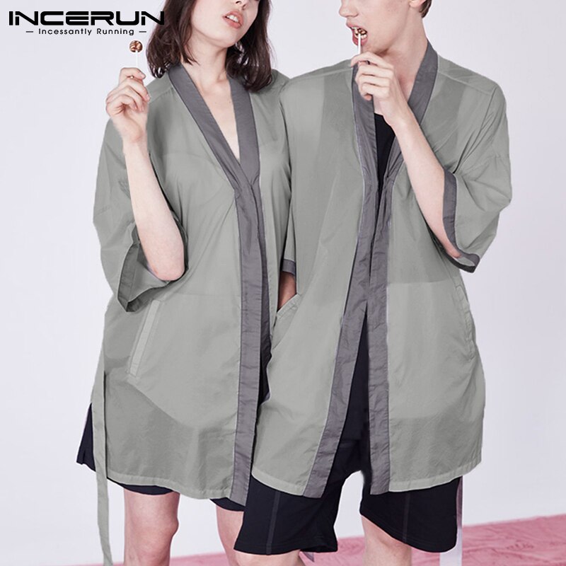 Men Sleep Tops Patchwork Pyjamas Short Sleeve Open Stitch Homewear Leisure Sleepwear Cozy Men Nightwear With Belt S-5XL INCERUN