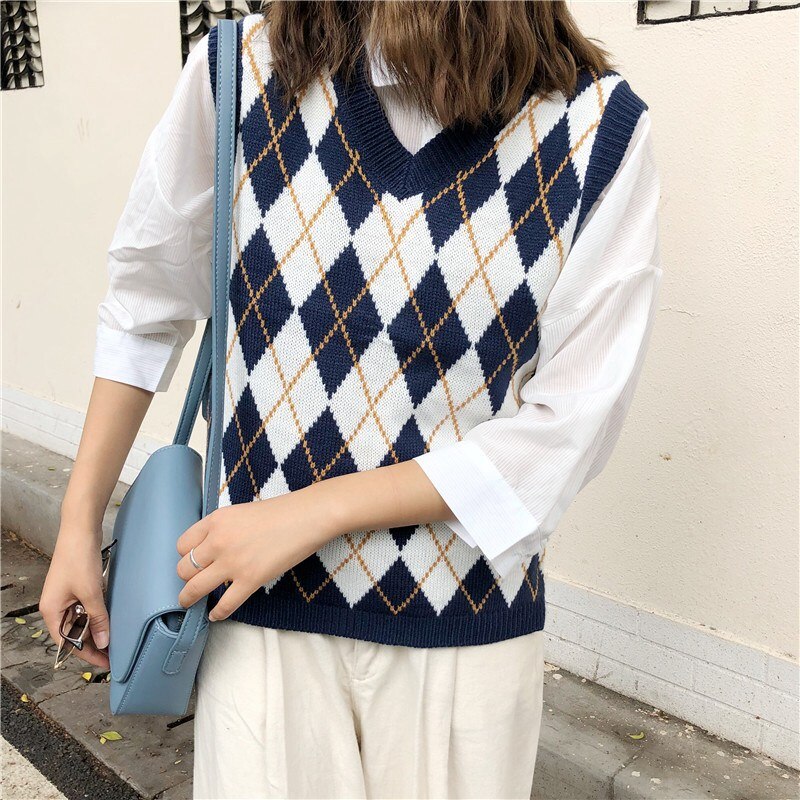 Muyogrt Vintage Argyle Sweater Vest Casual Tank Tops Pullover Elasticity Sweater Autumn Women Sleeveless V-Neck Knitted Vest