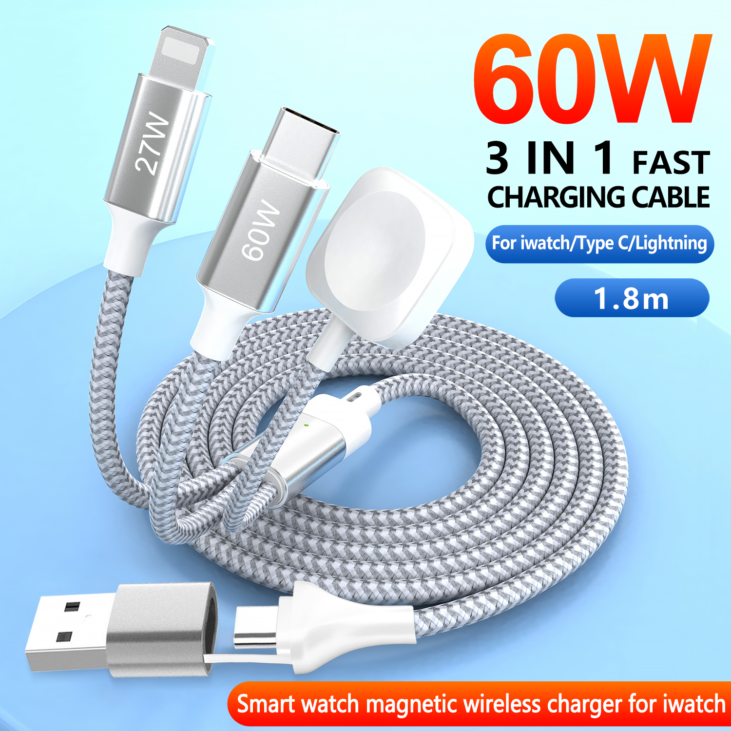 USB C Charger for Apple Watch, 3 in 2 Charging Cable with for Apple iWatch iPhone 15/14/13/12Pro, Nylon Braided-line: Beige / 10m