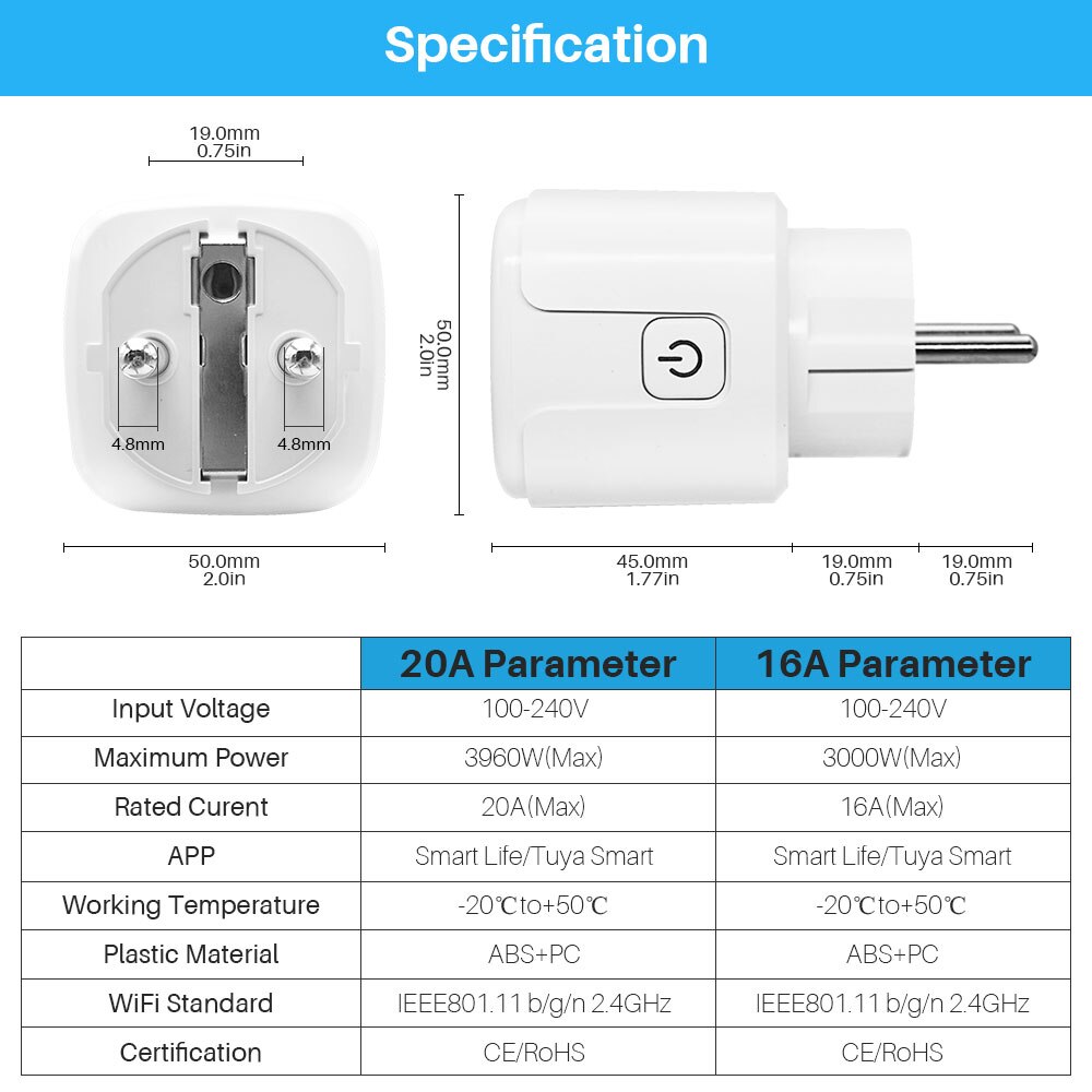 Tuya 16A 20A EU inteligentne gniazdo inteligentna wtyczka WiFi z monitorowaniem mocy funkcja odliczania czasu sterowanie głosem Alexa Google Assitant