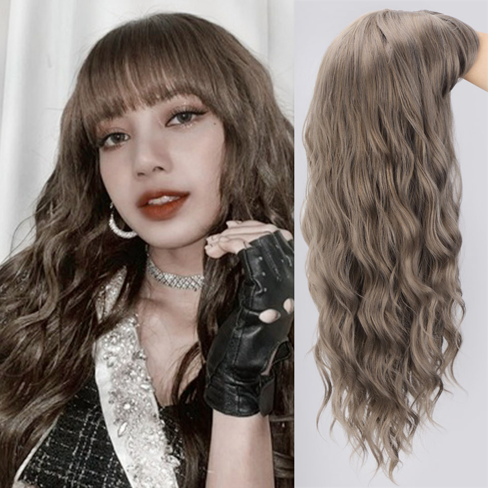 AISI Beauty Long Water Wave Synthetic Wigs with Bangs Mix Brown Wig for Women Pink Red Black Heat Resistant Hair: 10A-68