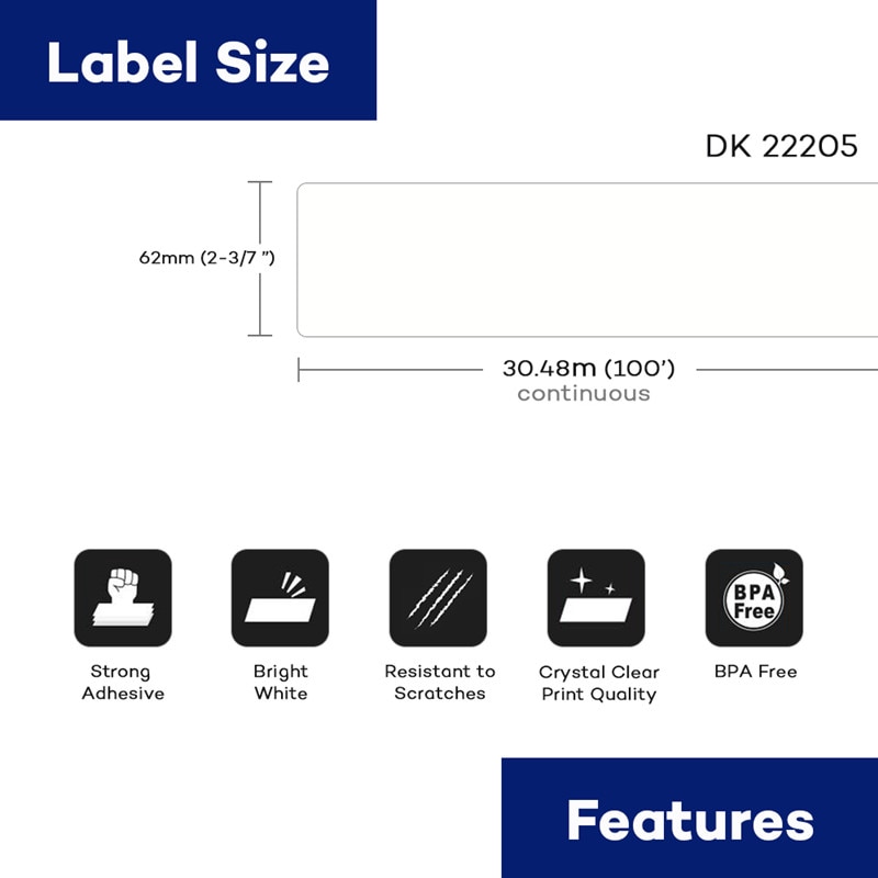 Rollo de papel térmico DK22205, 62mm x 30,48 m, Compatible con impresoras de etiquetas Brother QL DK-22205