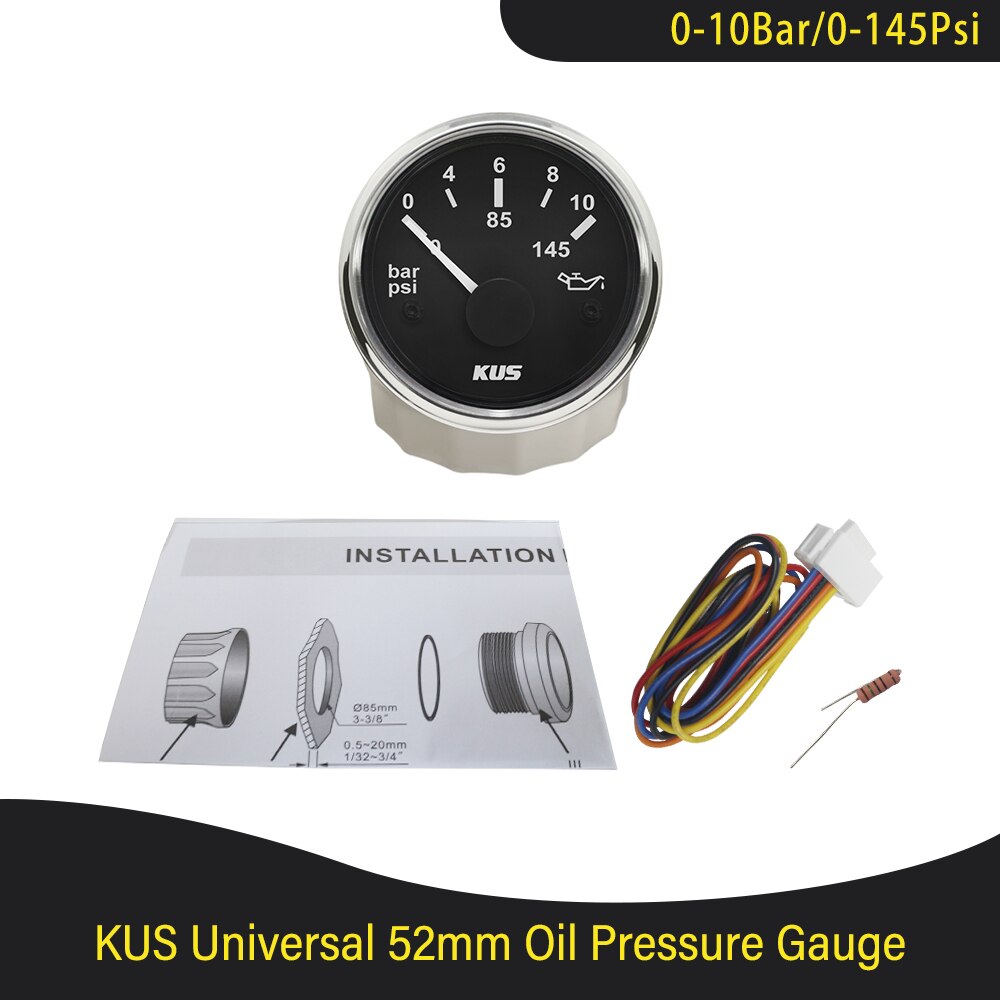 Kus 52mm oljetrykkmåler måler 0-5 bar (0-75 psi ) 0-10 bar (0-145 psi) med rød/gul bakgrunnsbelysning for båt bil lastebil  rv 12v 24v: 0-10 bar bs