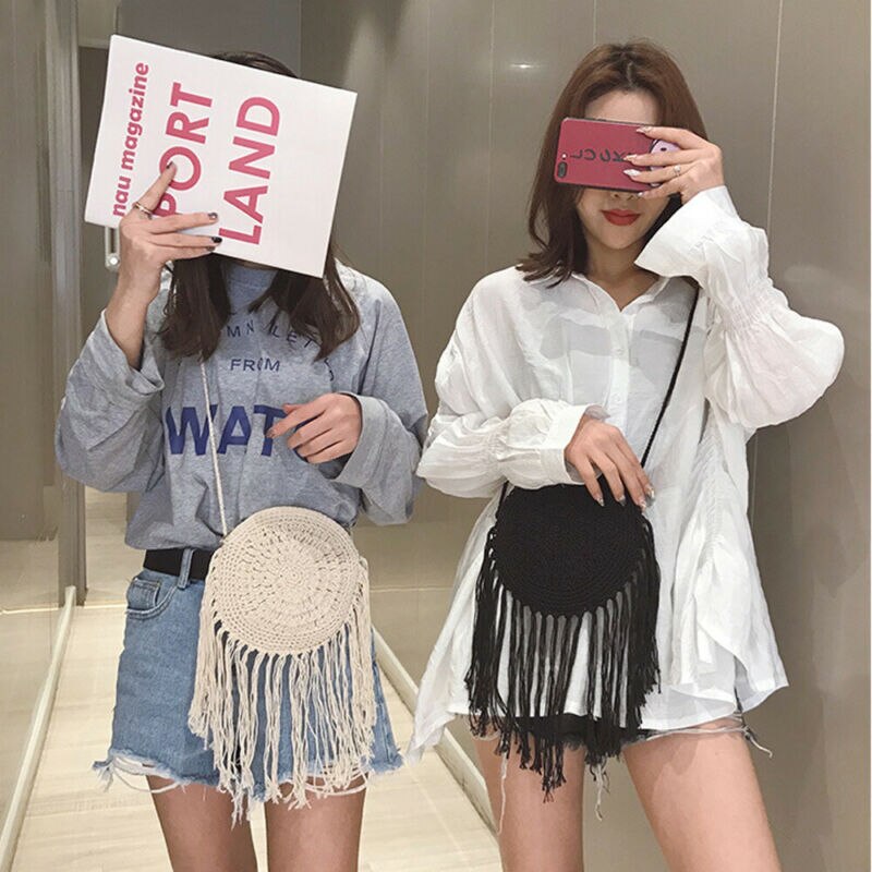 Dames handtassen ronde strozak dames tas met kwastje crossbody tas geweven rotan messenger bags handtas effen tas met kwastje