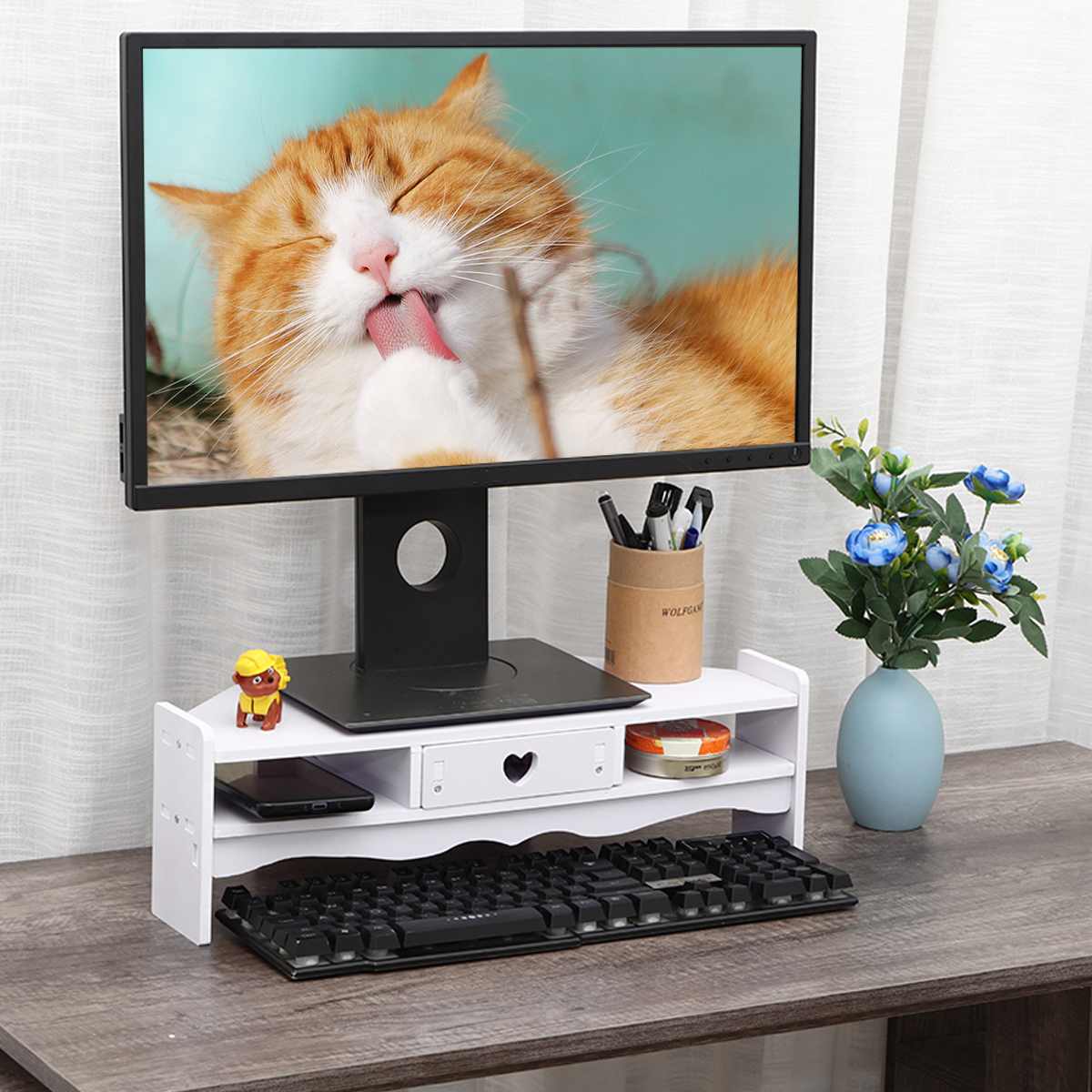 2-Tiers Wooden Computer Desktop Monitor Stand Shelf PC Monitor Riser For Notebook TV Screen Riser With Storage Organizer Shelf: SKUH33261