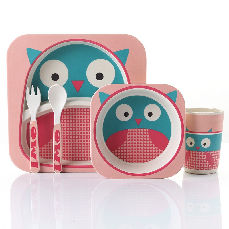5pcs/set Animal Zoo Baby Plate Bow Cup Forks Dinnerware Feeding Set 100% Bamboo Fiber Baby Children Tableware Set: 5pcs for 1set