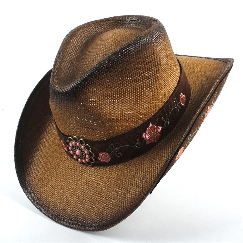 Women Straw Western Cowboy Hat For Summer Lady Cowgirl Sombrero Hombre Caps With Handmade Embroidery Hats